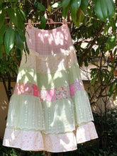 Women's pastel colorful patchwork maxi skirt with A-line silhouette.